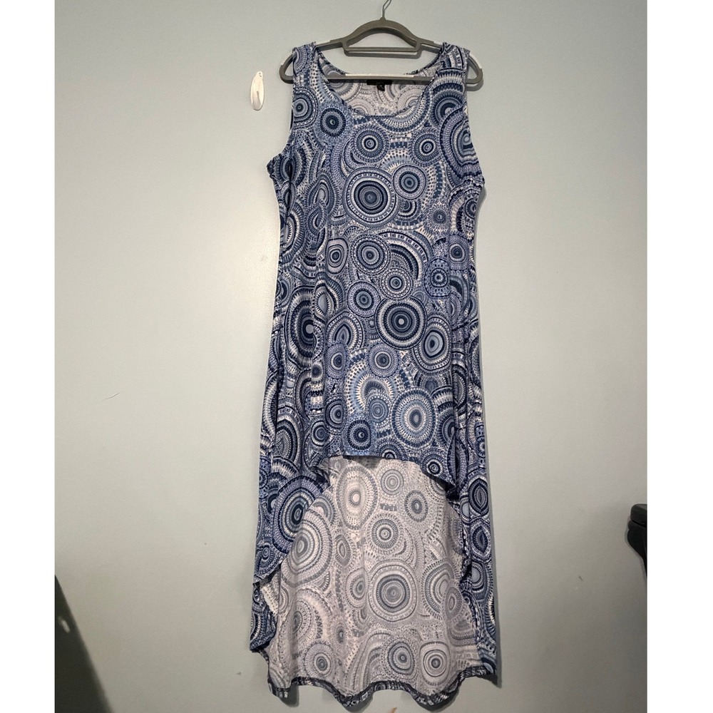 Rouge Collection Women's 2X Blue White Medallion High Low Sleeveless Dress 1594